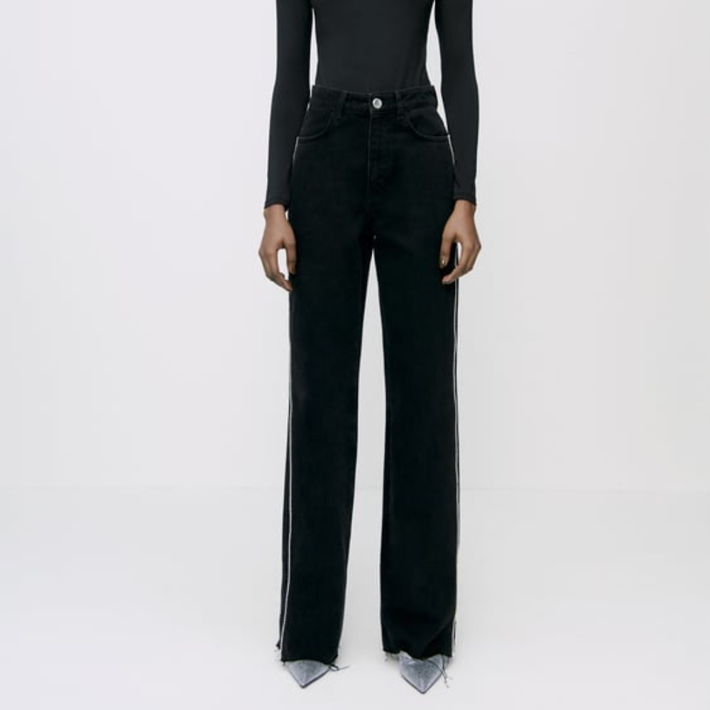 NWT Zara Full Length Black Jeans with Rhinestone Stripe Detail
